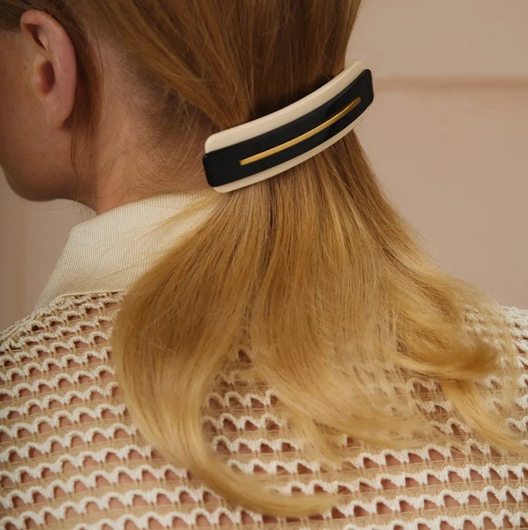 DORIC  - Grande barrette noire, ivoire & or brossé Rosematic